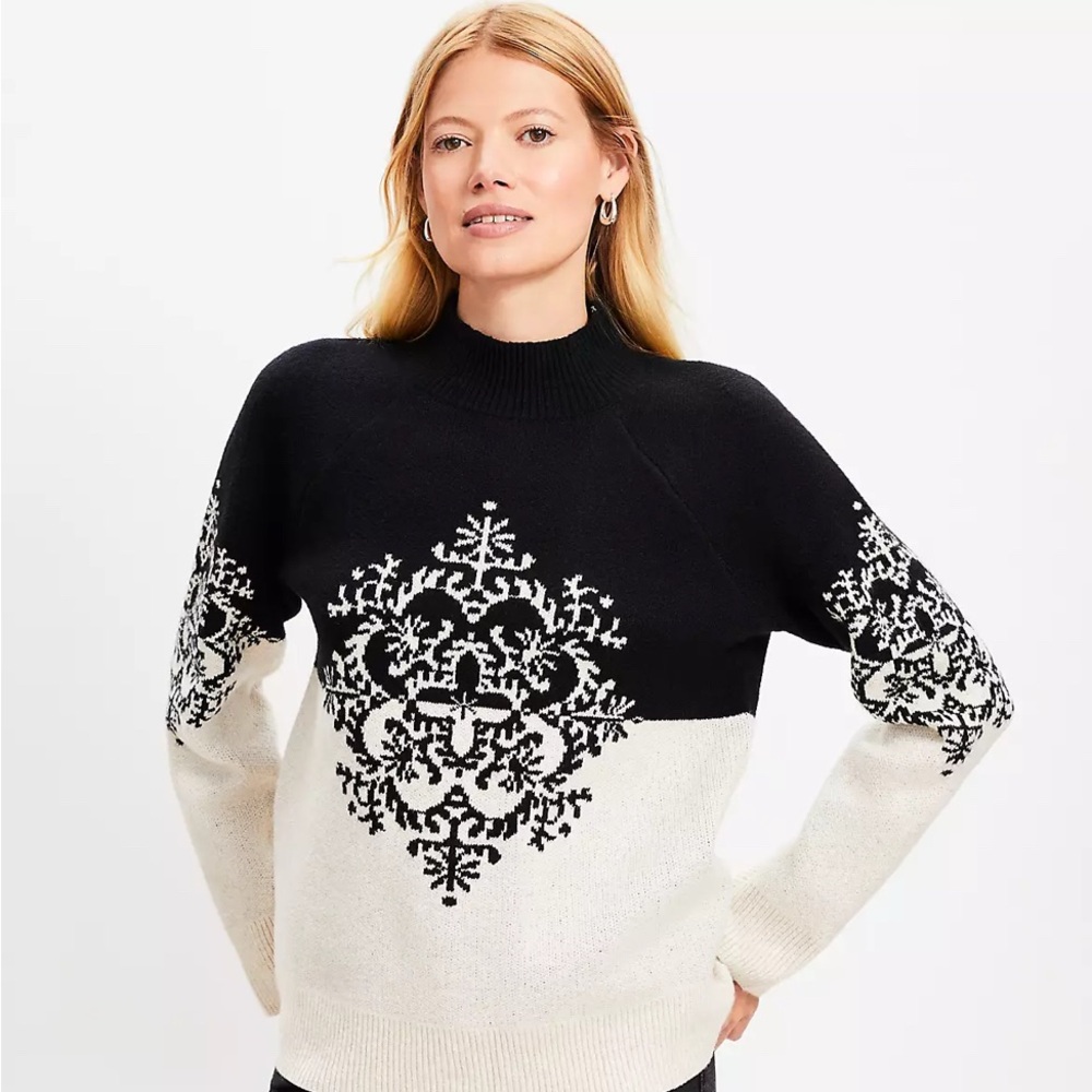 LOFT Black and White Cowl Neck Sweater with Nordic Design (41 inch chest)